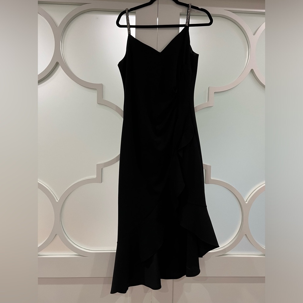 XSCAPE Black Rhinestone Spaghetti Ruffle Midi Dress size 10